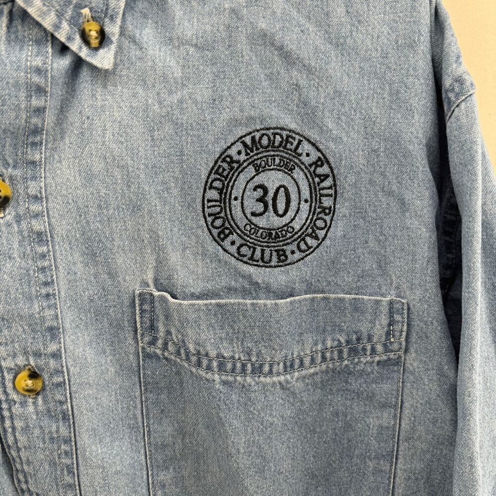 Vintage Port Company Boulder Model Railroad Club Denim Button Down Shirt Mens M - Picture 2 of 5